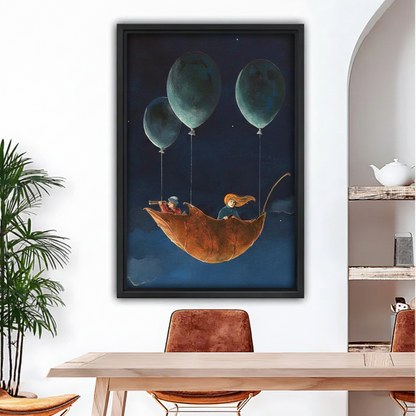 Black framed fantasy balloon leaf children wall art print in a modern dining room with arched doorway, whimsical storybook illustration