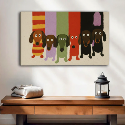 Colorful dachshund gang canvas wall art gallery wrap, six whimsical retro dachshunds, frameless print displayed above wooden console table in warm entryway