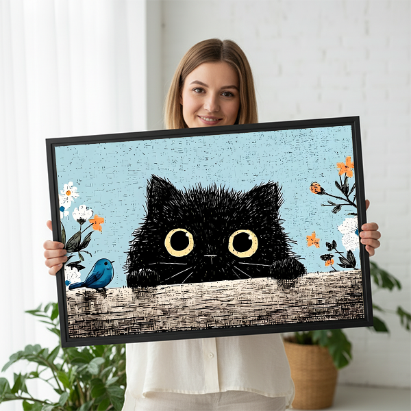 Woman smiling and holding large fluffy black cat peeking vintage floral framed canvas print with yellow eyes and blue bird in bright white studio with green plants