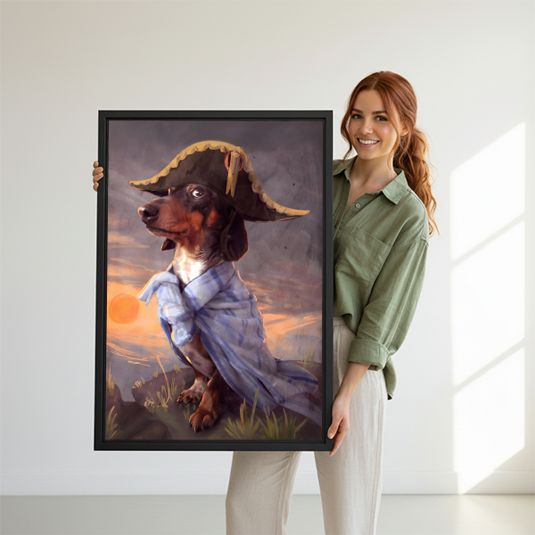 Woman holding large fantasy pirate dachshund framed wall art print