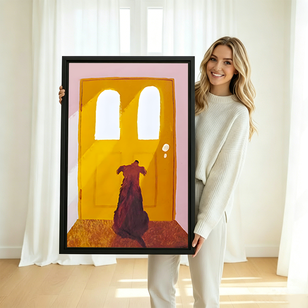 Woman holding large dog at yellow door vintage framed canvas print with pink background in bright white room
