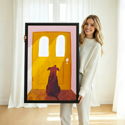 Woman holding large dog at yellow door vintage framed canvas print with pink background in bright white room