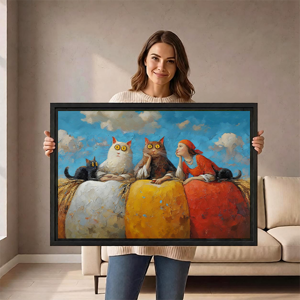 	Woman holding large framed whimsical cats girl wall art print size reference