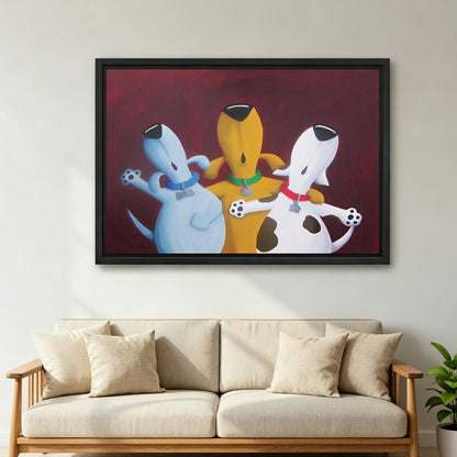 Three dogs best friends framed canvas wall art above beige linen sofa, bold whimsical dog illustration on deep red, black frame, Scandinavian living room decor