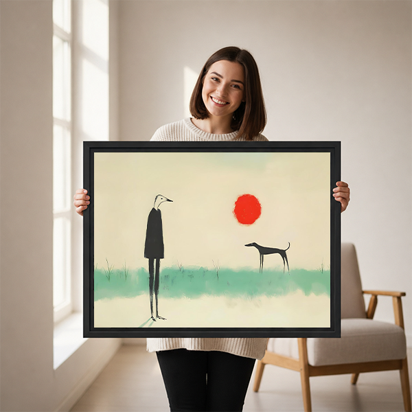 Woman holding minimalist framed canvas art featuring an abstract figure and dog under a red sun, zen-inspired painting, size reference