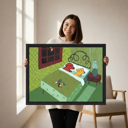 Smiling woman holding whimsical dogs stole the bed framed canvas wall art, funny dog lover print, black frame, bright minimalist living room background