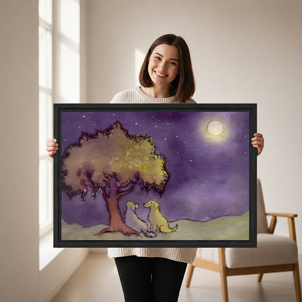 Woman holding romantic dogs moonlight framed canvas print – whimsical watercolor wall art gift