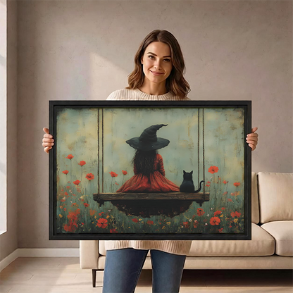 Woman holding large framed witch girl black cat poppy wall art print size reference
