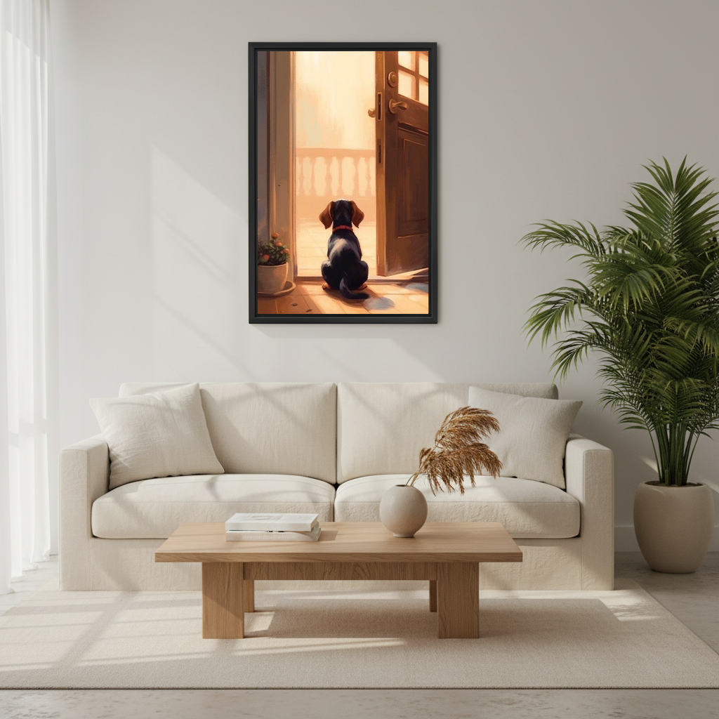 Waiting dachshund puppy framed wall art with glowing door light above cream living room sofa