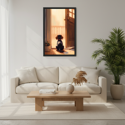 Waiting dachshund puppy framed wall art with glowing door light above cream living room sofa