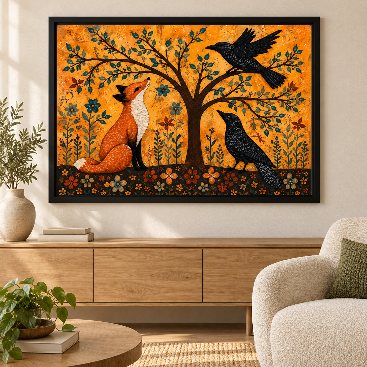 Folk Art Fox and Raven Canvas Wall Art Y666