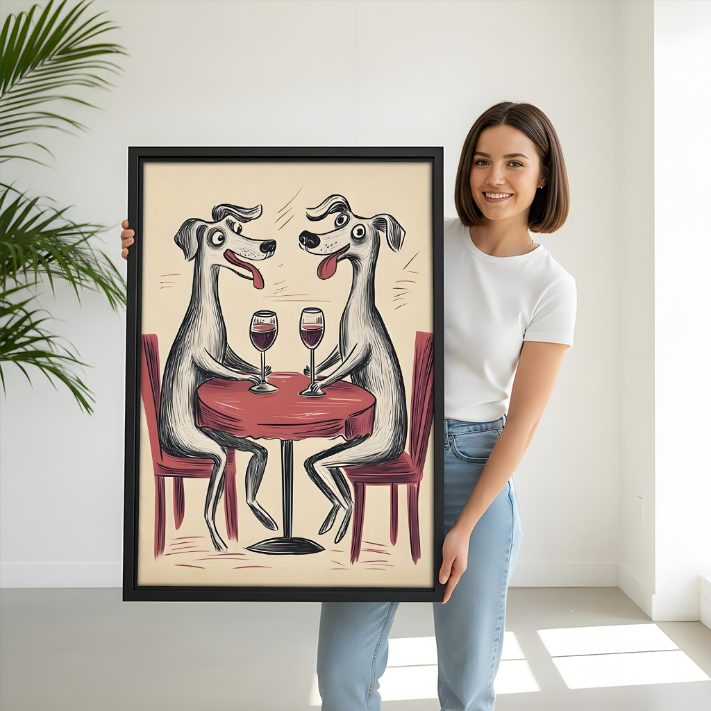 Playful dog wine date wall art print in kids bedroom
