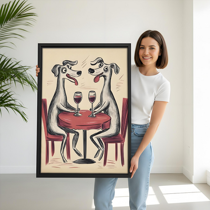Playful dog wine date wall art print in kids bedroom
