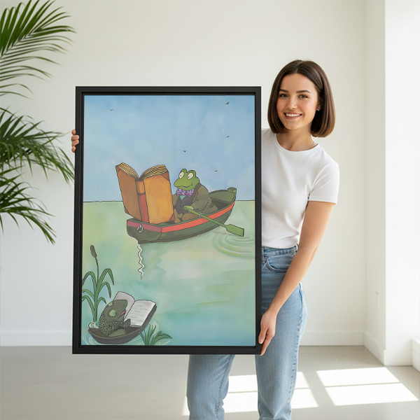 Woman holding reading frog watercolor framed wall art print — whimsical book lover wall decor