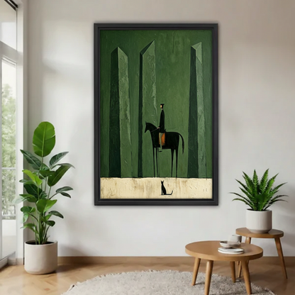 Dark green minimalist knight horse framed canvas wall art above entryway side table with plants, moody forest rider with black cat wall decor