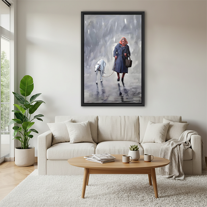 Rainy day woman walking white greyhound framed oil painting above a cream sofa in a Scandinavian living room, classic figurative wall art decor