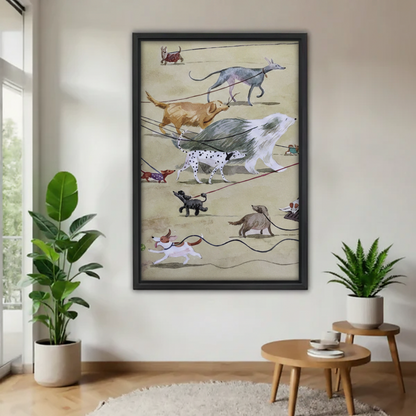 Whimsical vintage dogs on leash framed canvas print in modern entryway with tropical indoor plants