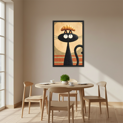 Black cat with croissant retro illustration framed print above round dining table in Scandinavian dining room