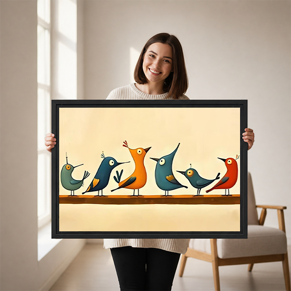 	Smiling woman holding large framed mid-century modern birds on branch retro wall art print size reference
