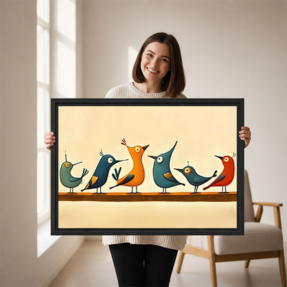 	Smiling woman holding large framed mid-century modern birds on branch retro wall art print size reference
