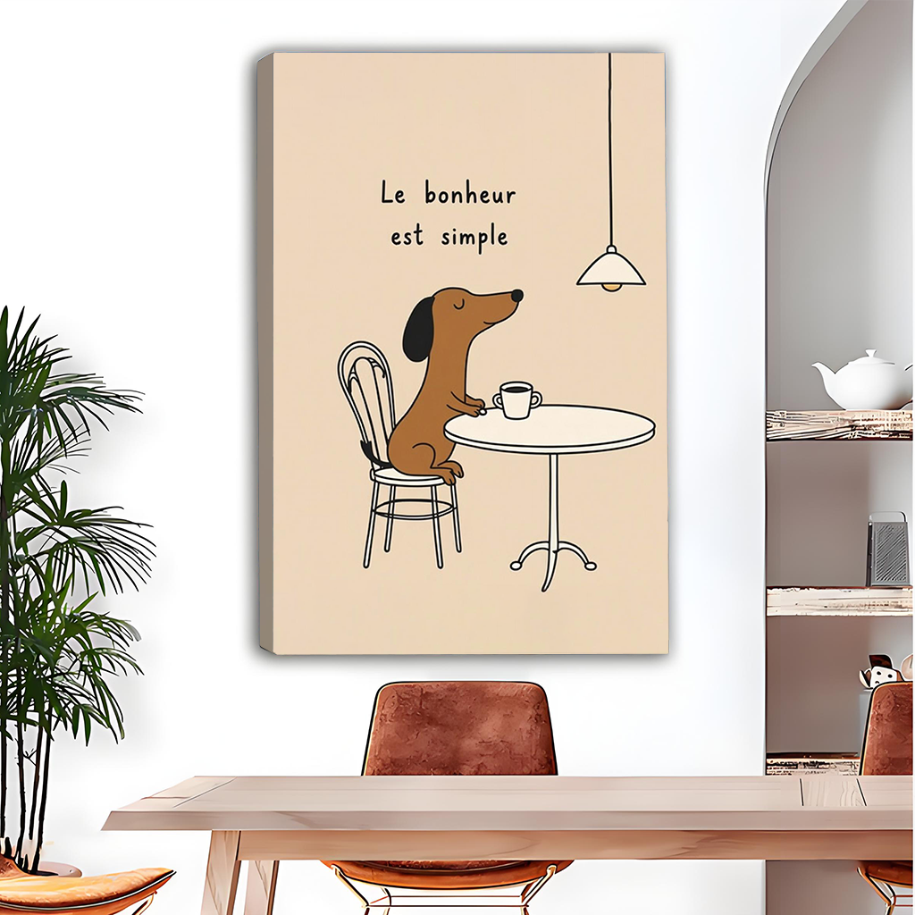 Smiling woman holding a large black framed French cafe dachshund canvas wall art in a bright white room
