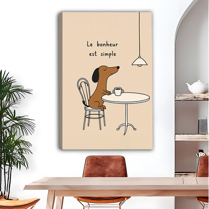 Smiling woman holding a large black framed French cafe dachshund canvas wall art in a bright white room