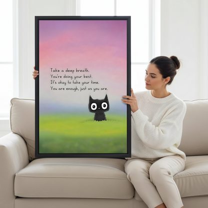 Woman holding cute black cat inspirational quote framed canvas wall art print on cream sofa