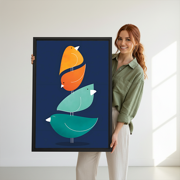 Woman holding mid-century modern stacked birds framed canvas print large geometric wall art gift