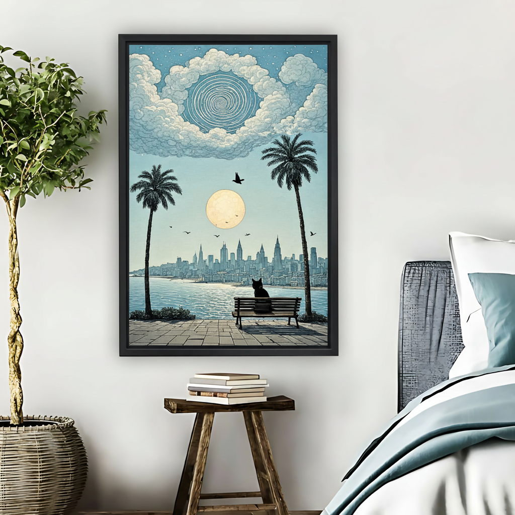Black Cat City Moon Night Framed Canvas Wall Art| Liberty Signs #L1632