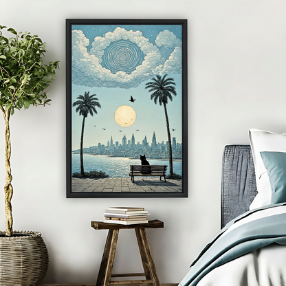 Black Cat City Moon Night Framed Canvas Wall Art| Liberty Signs #L1632