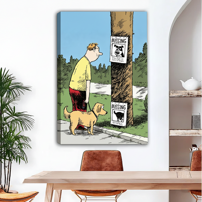 Frameless gallery wrap canvas of funny dog walk missing poster cartoon illustration hung above a dining table, humorous comic wall art