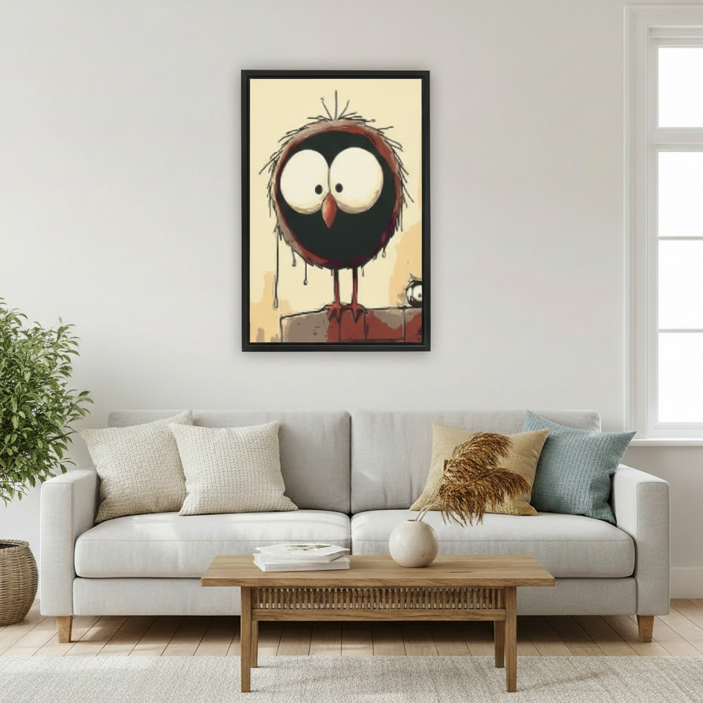 Whimsical bird art print in black frame – humorous big-eyed bird poster for gallery wall