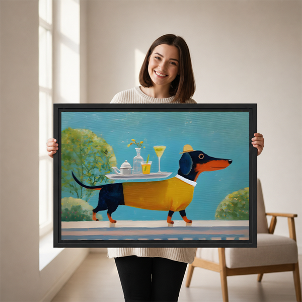 Smiling woman holding large framed dachshund tea party vintage wall art print size reference