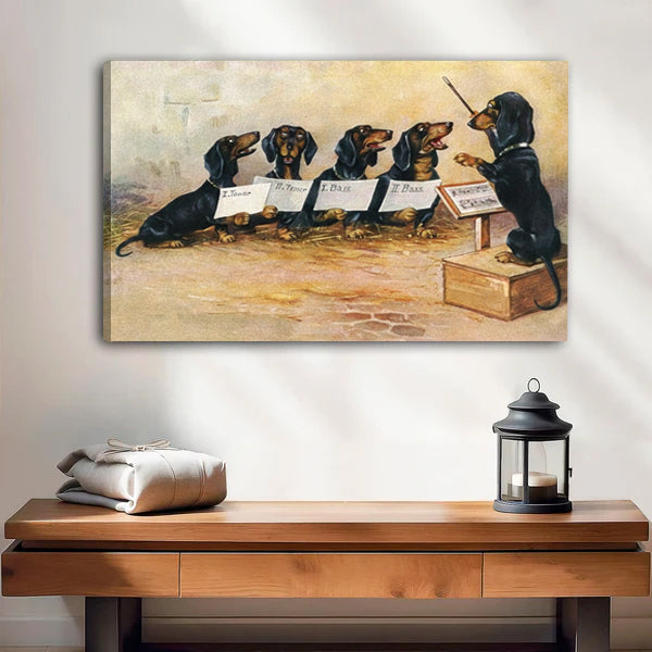 Victorian dachshund choir conductor vintage framed canvas wall art above wooden console in entryway