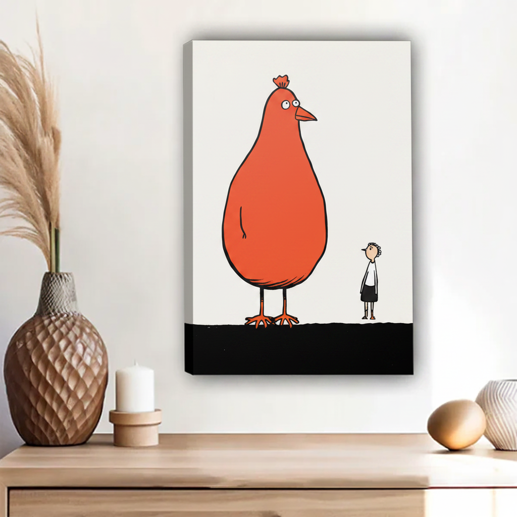 Framed Giant Hen vs Human Cartoon Wall Art – Quirky Minimalist Humor Print for Modern Interiors