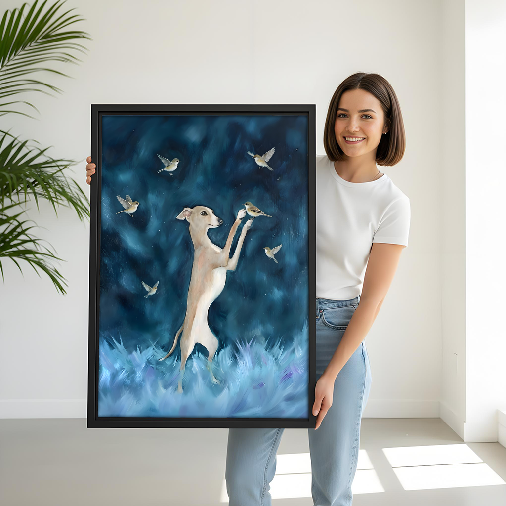Woman holding dreamy greyhound birds fantasy oil painting framed canvas print – magical dog wall art size display with plant background