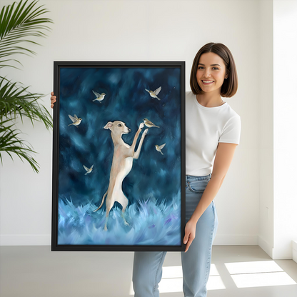 Woman holding dreamy greyhound birds fantasy oil painting framed canvas print – magical dog wall art size display with plant background