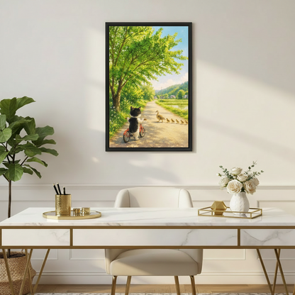 Whimsical cat bicycle framed canvas print above marble desk in elegant home office