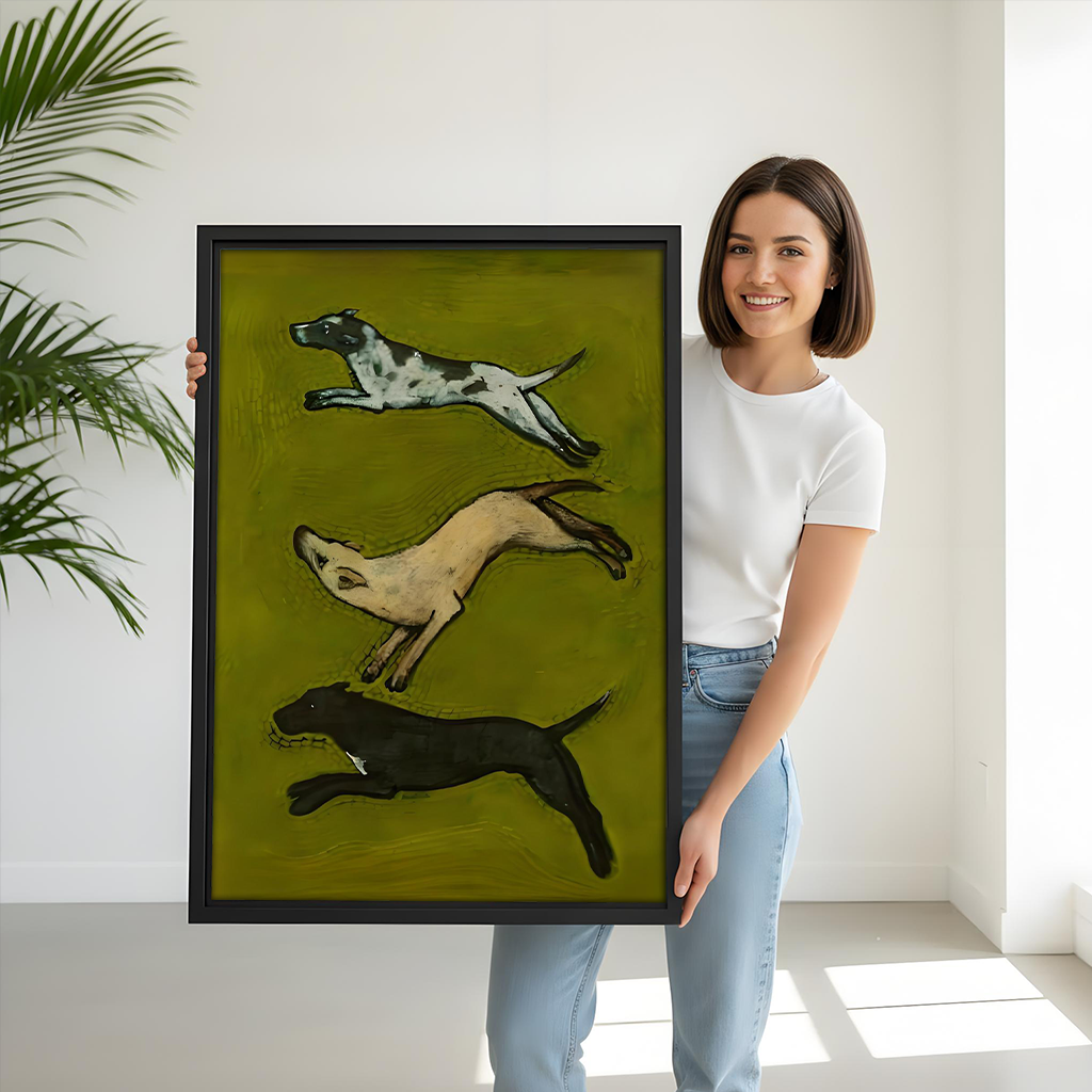 Woman holding vintage hunting dogs framed print – large wall art for home