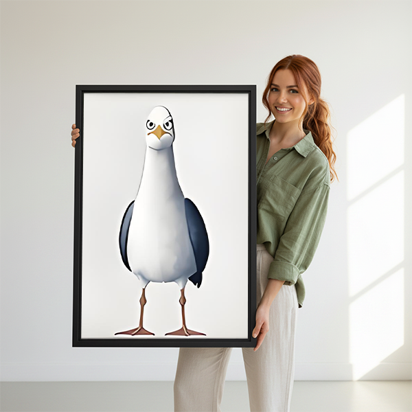 Woman in green shirt holding large grumpy seagull cartoon framed canvas print with narrowed-eye bird in bright white studio
