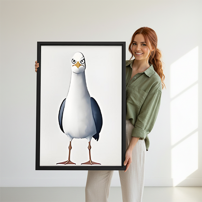 Woman in green shirt holding large grumpy seagull cartoon framed canvas print with narrowed-eye bird in bright white studio