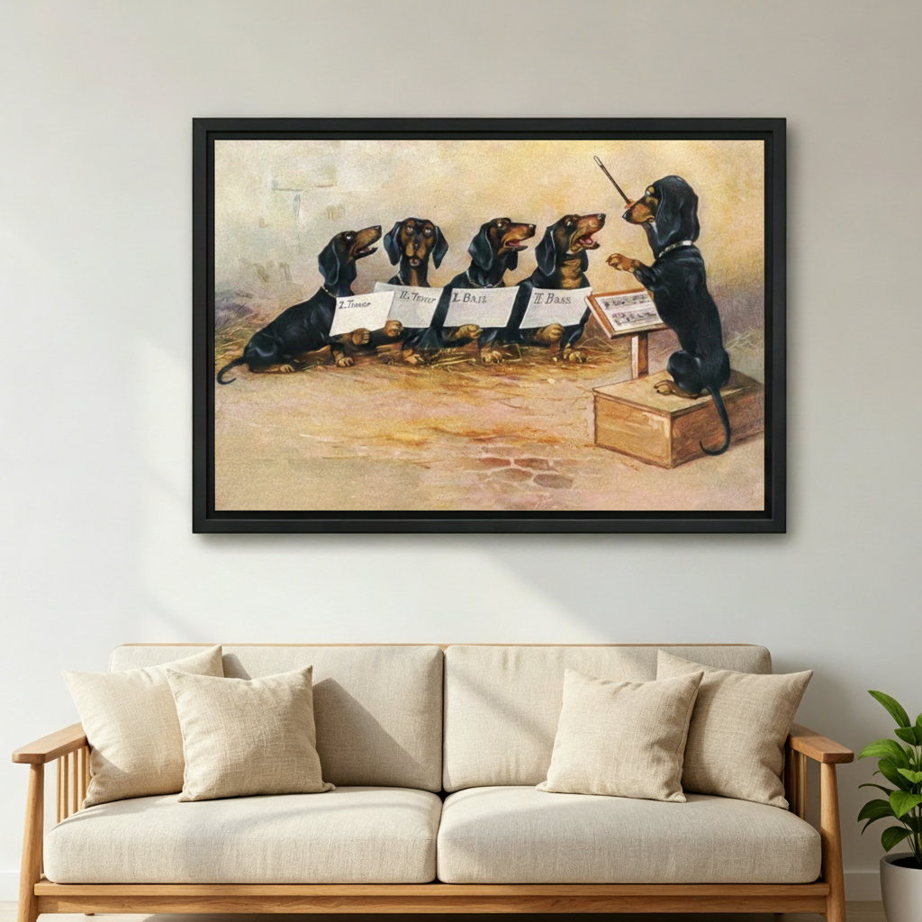 Dachshund choir conductor vintage framed canvas wall art above sofa in living room home decor