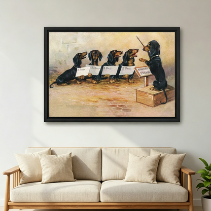 Dachshund choir conductor vintage framed canvas wall art above sofa in living room home decor