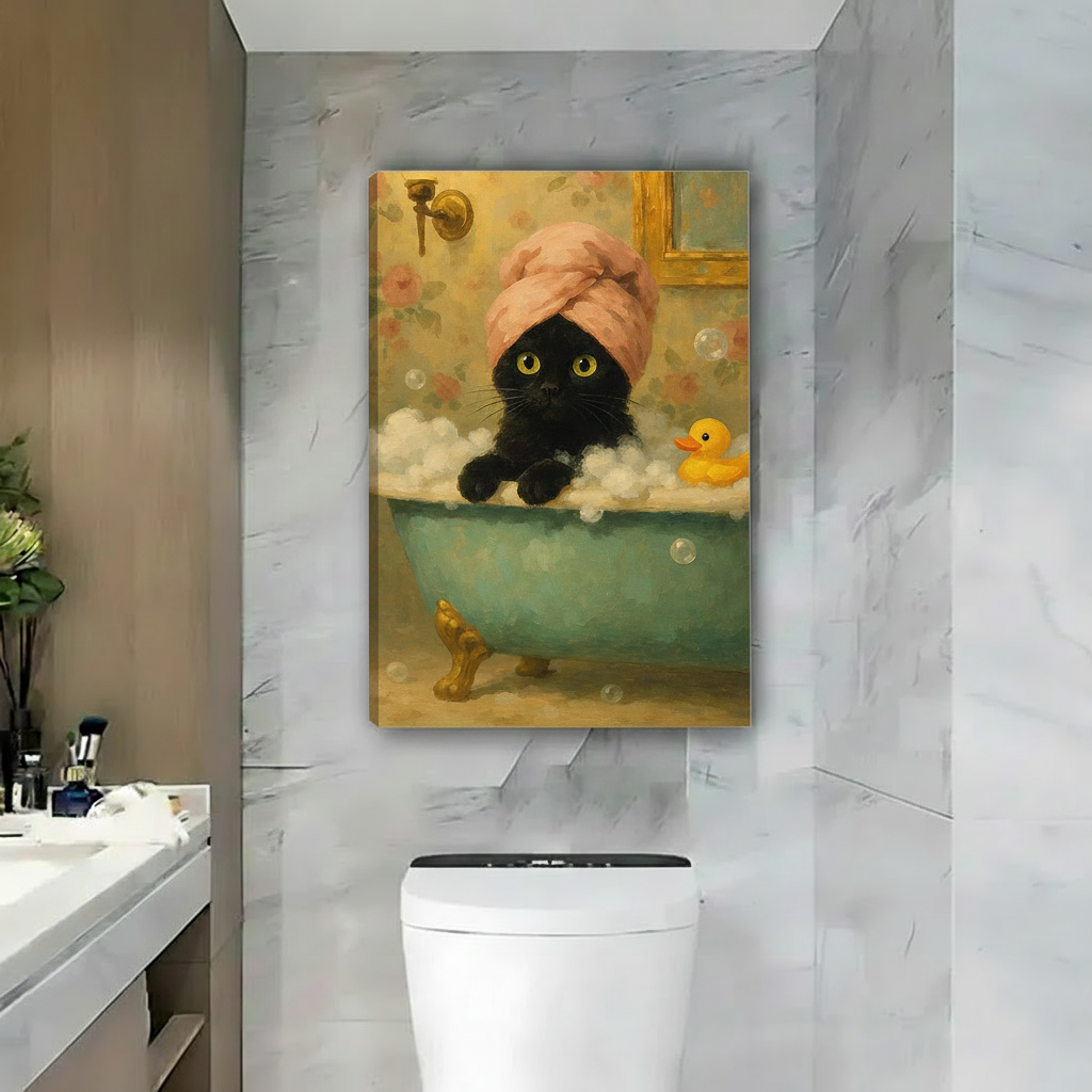 Black cat bubble bath with rubber duck canvas wall art, frameless gallery wrap, vintage floral oil painting style, hung above toilet in a luxury marble bathroom with warm gold accents and beige walls