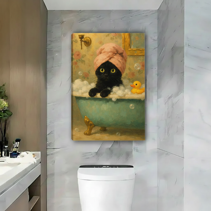 Black cat bubble bath with rubber duck canvas wall art, frameless gallery wrap, vintage floral oil painting style, hung above toilet in a luxury marble bathroom with warm gold accents and beige walls