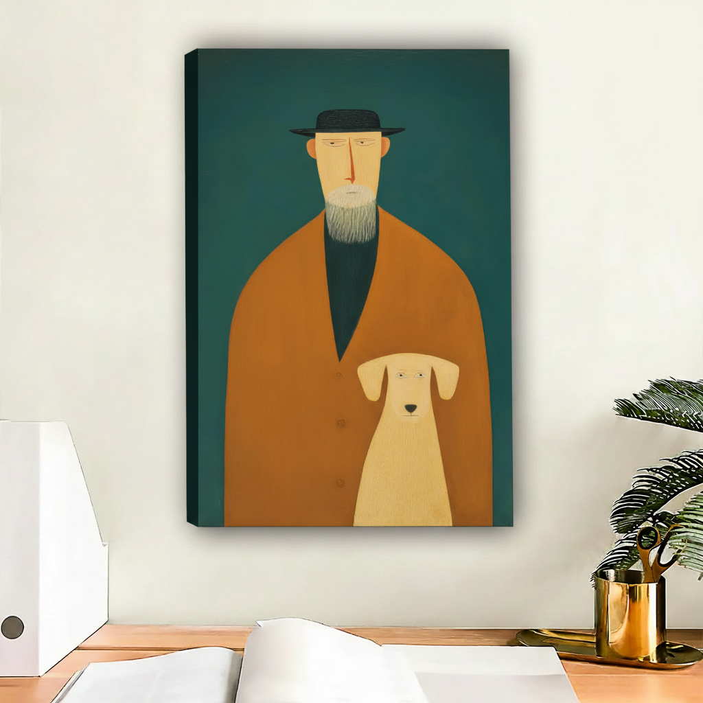 Minimalist bearded man orange coat yellow labrador mid-century portrait float frame canvas wall art above wooden desk with gold mug and open notebook in contemporary home office