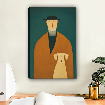Minimalist bearded man orange coat yellow labrador mid-century portrait float frame canvas wall art above wooden desk with gold mug and open notebook in contemporary home office