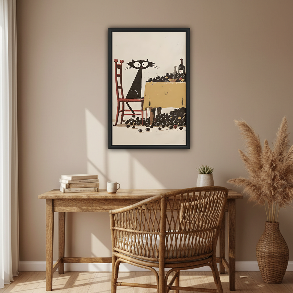 Funny black cat vintage wall art in black frame above rustic wood desk in bohemian home office