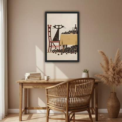 Funny black cat vintage wall art in black frame above rustic wood desk in bohemian home office