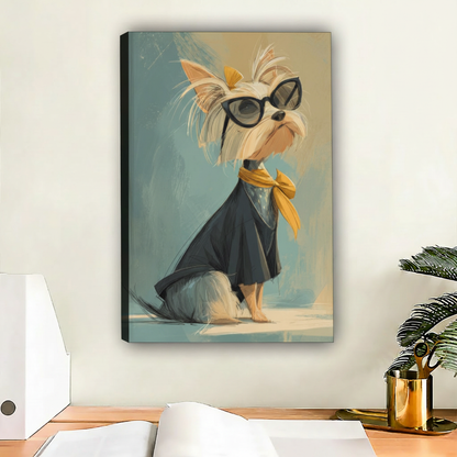 Stylish Yorkie in Black Cape Yellow Bow Framed Wall Print – Vintage Fashion Art for Modern Home Decor